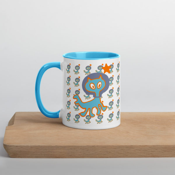 Mug céramique intérieur coloré en bleu, imprimé du motif dessiné par Andréa Leonelli, chat bizarre