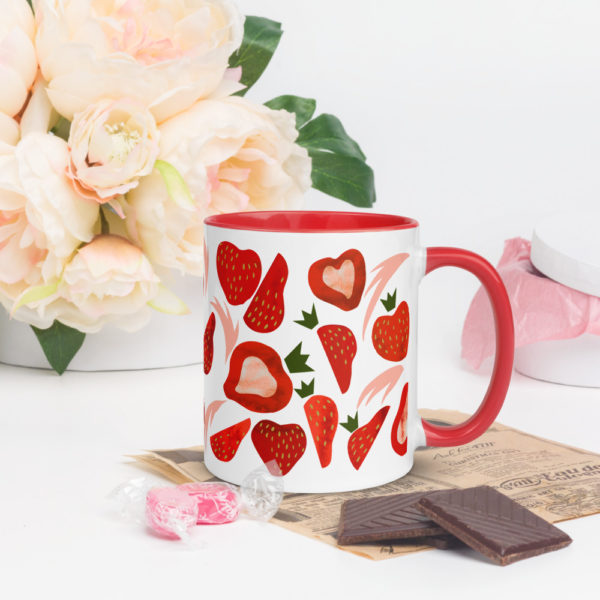 pour la saint valentin : tasse mug céramique intérieur rouge motif "une envie de fraises"