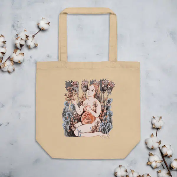 Tote bag en coton bio certifié beige imprimé "Mother nature and son" par Andréa Leonelli