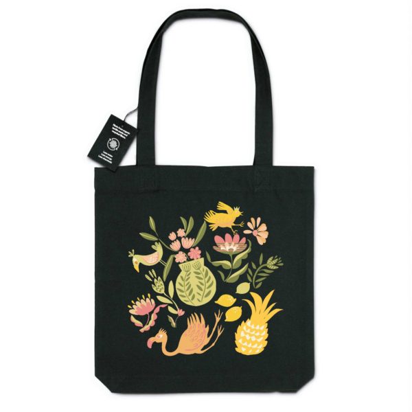 Tote bag en coton bio & polyester recyclé, de couleur noire, imprimé tropical, oiseaux et fruits, Andrea Leonelli