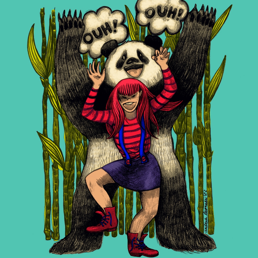illustration panda et jeune fille_création Andréa Leonelli