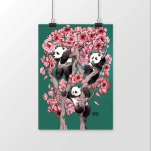 Reproduction qualié musée, Trois pandas dans un cerisier en fleurs
