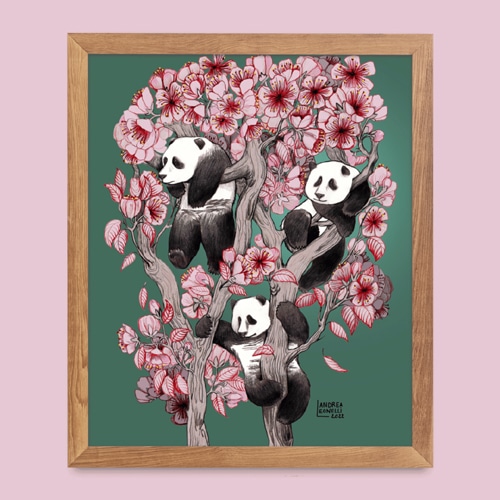Illustration pandas dans un cerisier_creation Andrea Leonelli