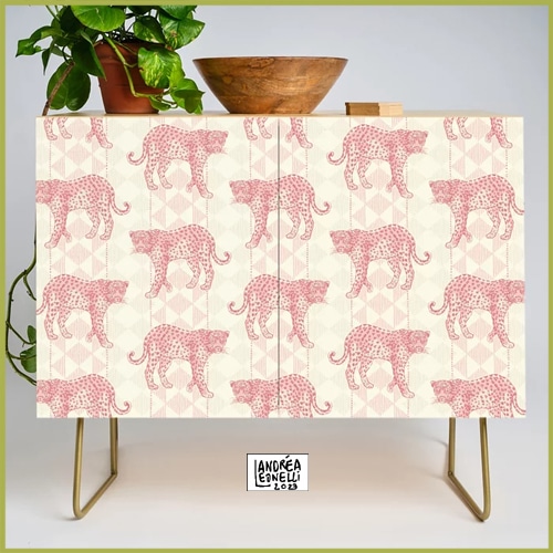 African Boho Pattern, pink leopard on striped background. Credenza
by Andrea Leonelli