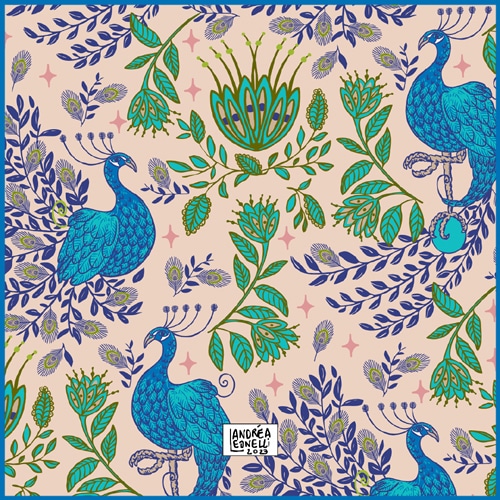 Blue peacocks in a lush persian garden - bohemian pattern by Andrea Leonelli