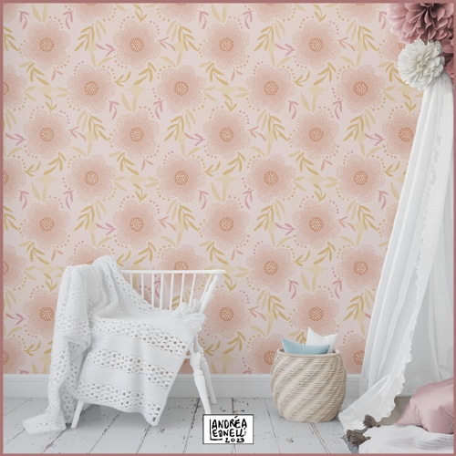Boho floral scandi wallpaper - pink nursery - creation Andrea Leonelli